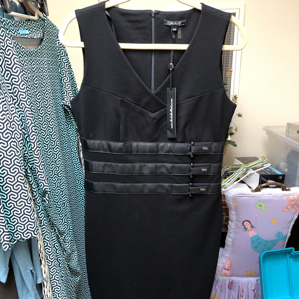 Black dress with faux leather accents